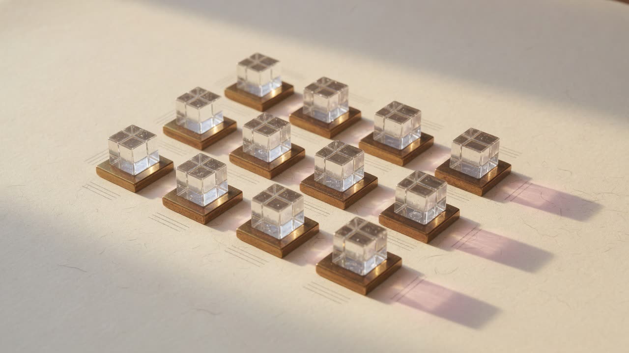 Grid of glass blocks on brass bases on ivory paper