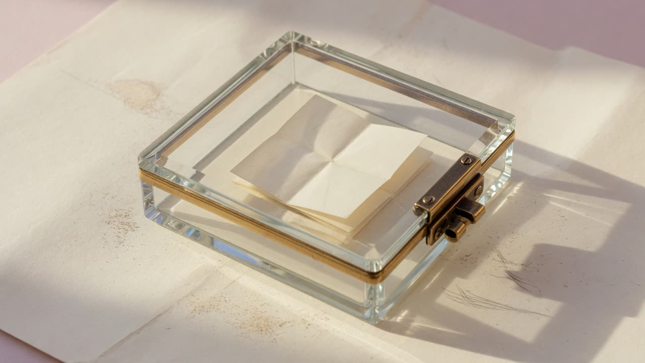Closed brass-hinged glass box holding folded paper on ivory paper