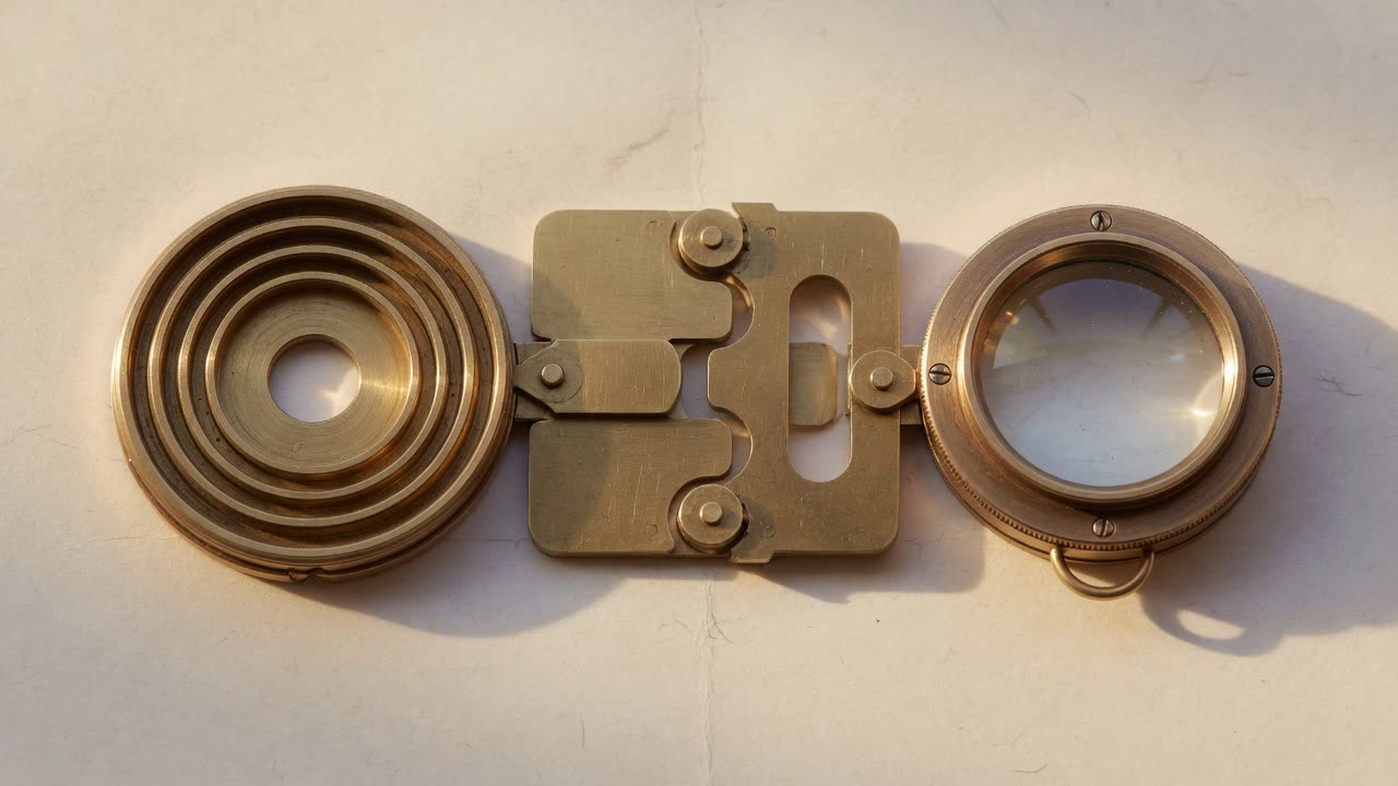 Concentric brass rings, interlocking brass plates and a lens in a brass ring, side by side on ivory paper